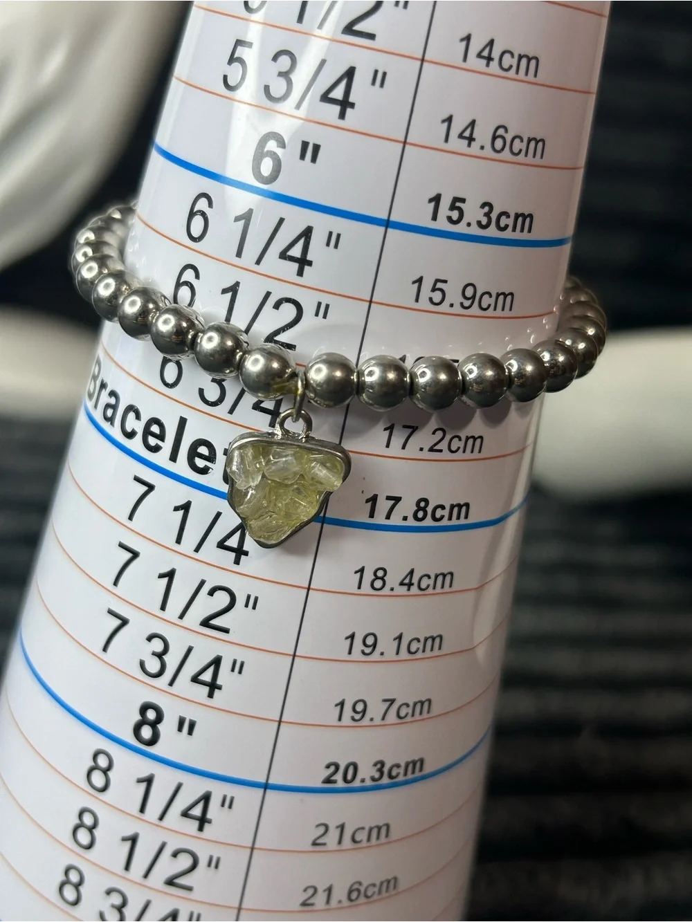Silver Metallic Beaded Stretch Bracelet - Faux Raw Yellow Crystal Nugget Charm